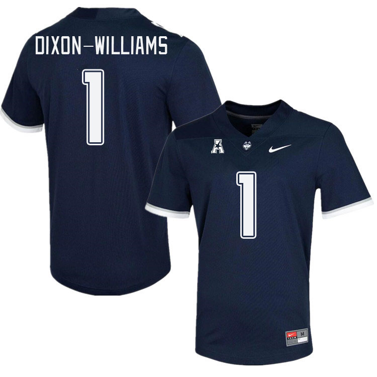 Men #1 Malik Dixon-Williams Connecticut Huskies College Football Jerseys Stitched Sale-Navy - Click Image to Close